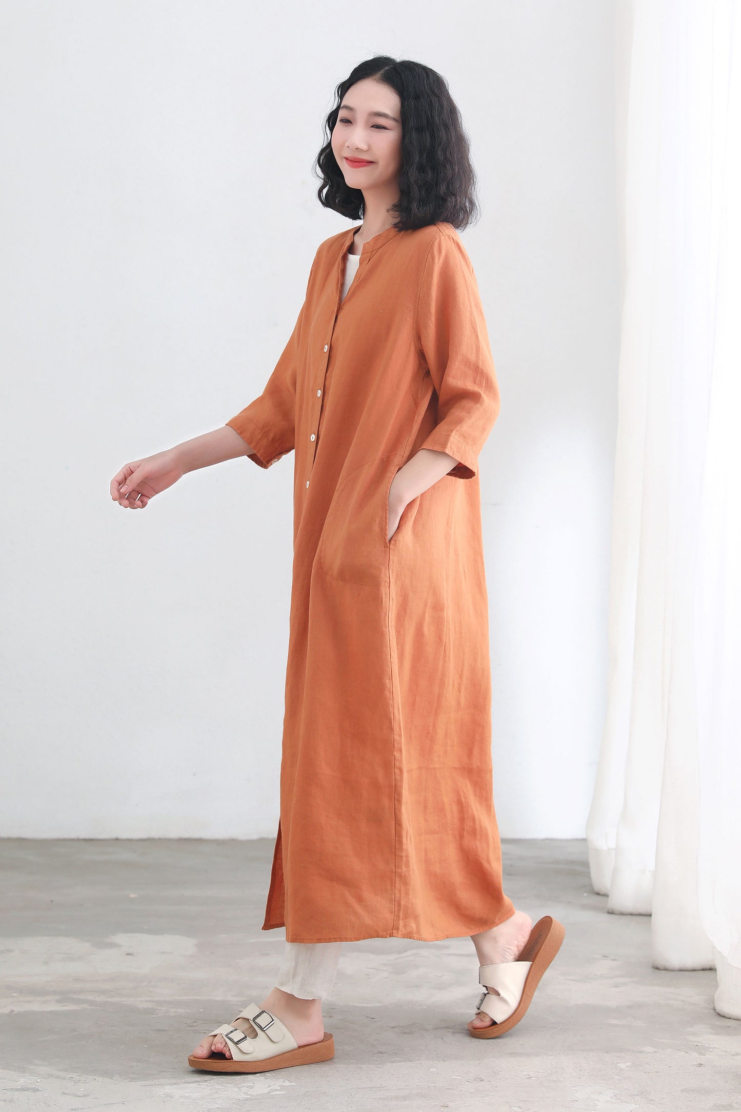 Orange V neckline 3/4 sleeve linen shirt dress C2697