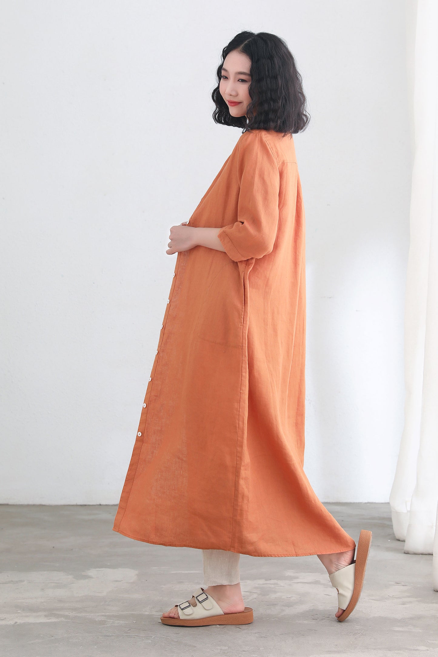 Orange Linen Shirt Dress - V-Neckline, 3/4 Sleeve, Oversized Fit C2697
