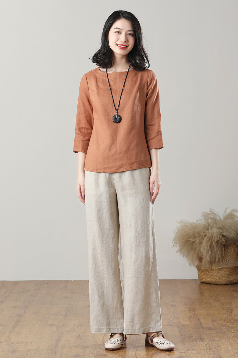 Casual Orange Linen Tops C3215