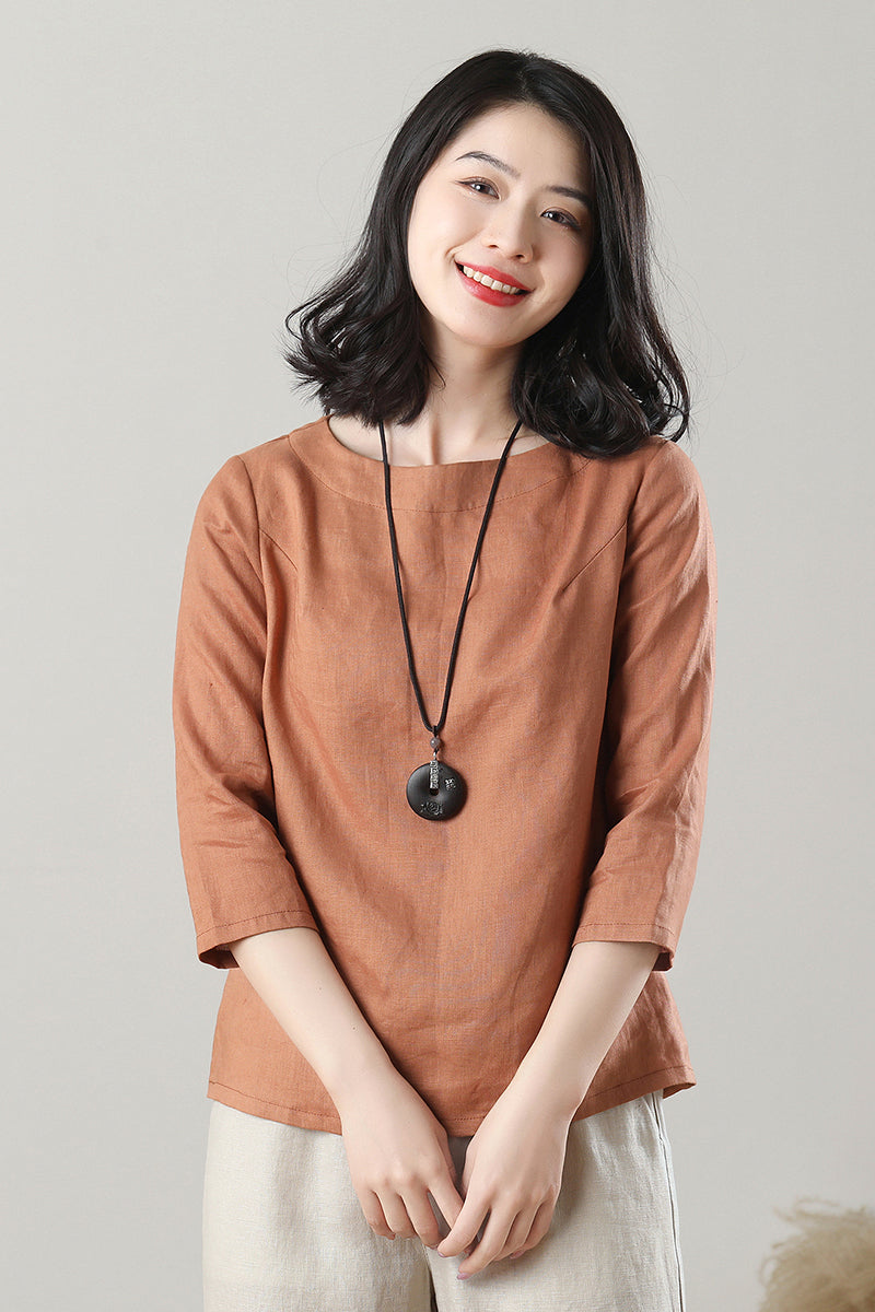 Casual Orange Linen Tops C3215