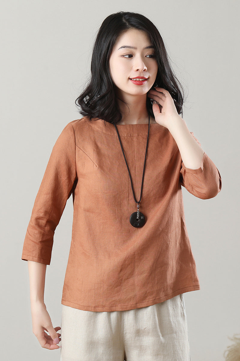 Casual Orange Linen Tops C3215