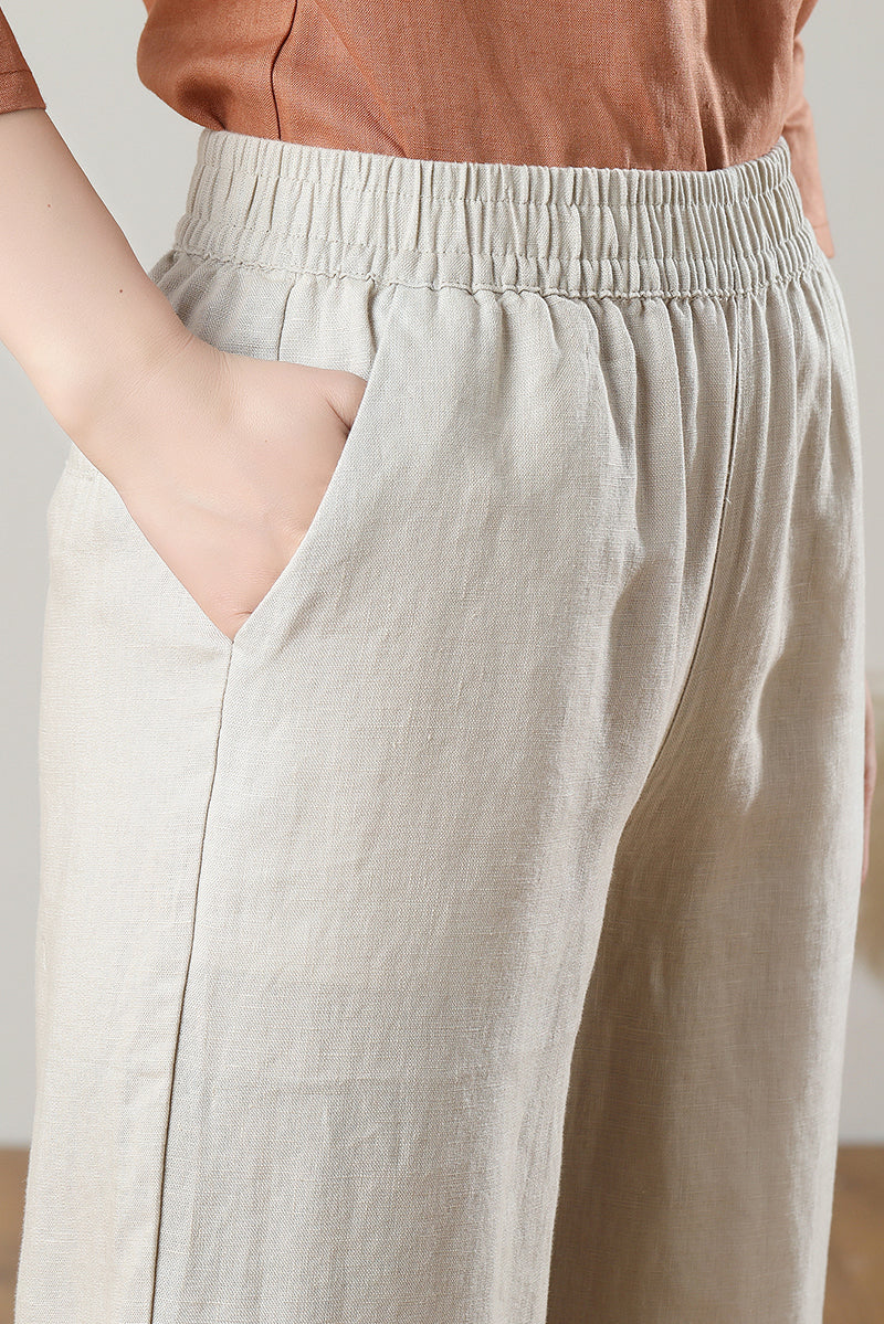 High Waist Wide Leg Linen Pants C3216