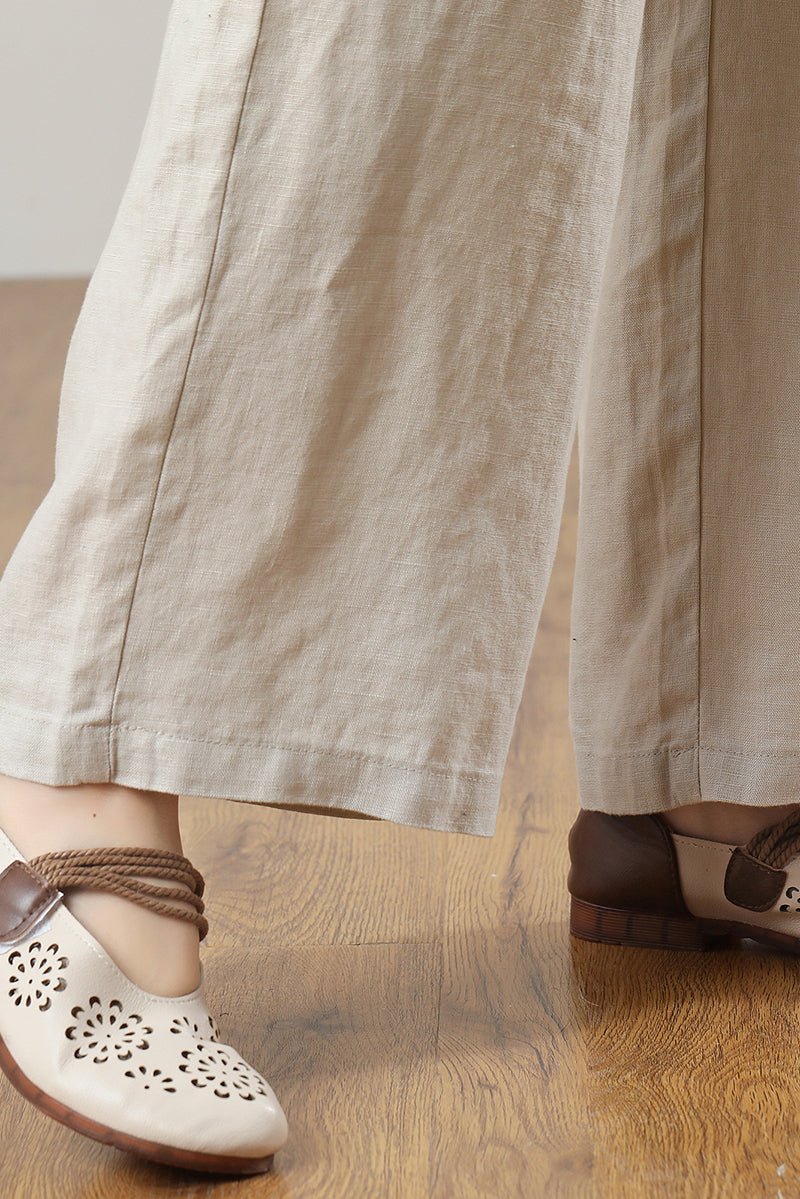 Beige Linen Wide Leg Pants - High Waist Elastic Waistband C3216
