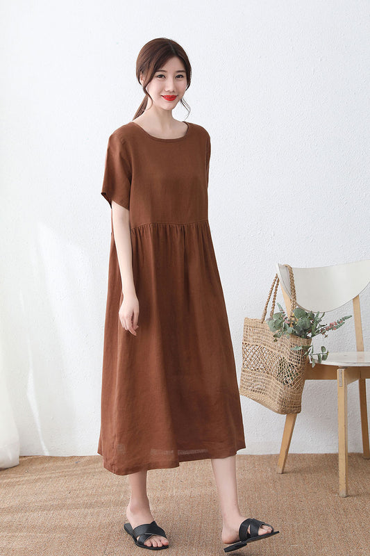 Brown Linen Midi Dress - A-Line Scoop Neck with Side Pockets C2329