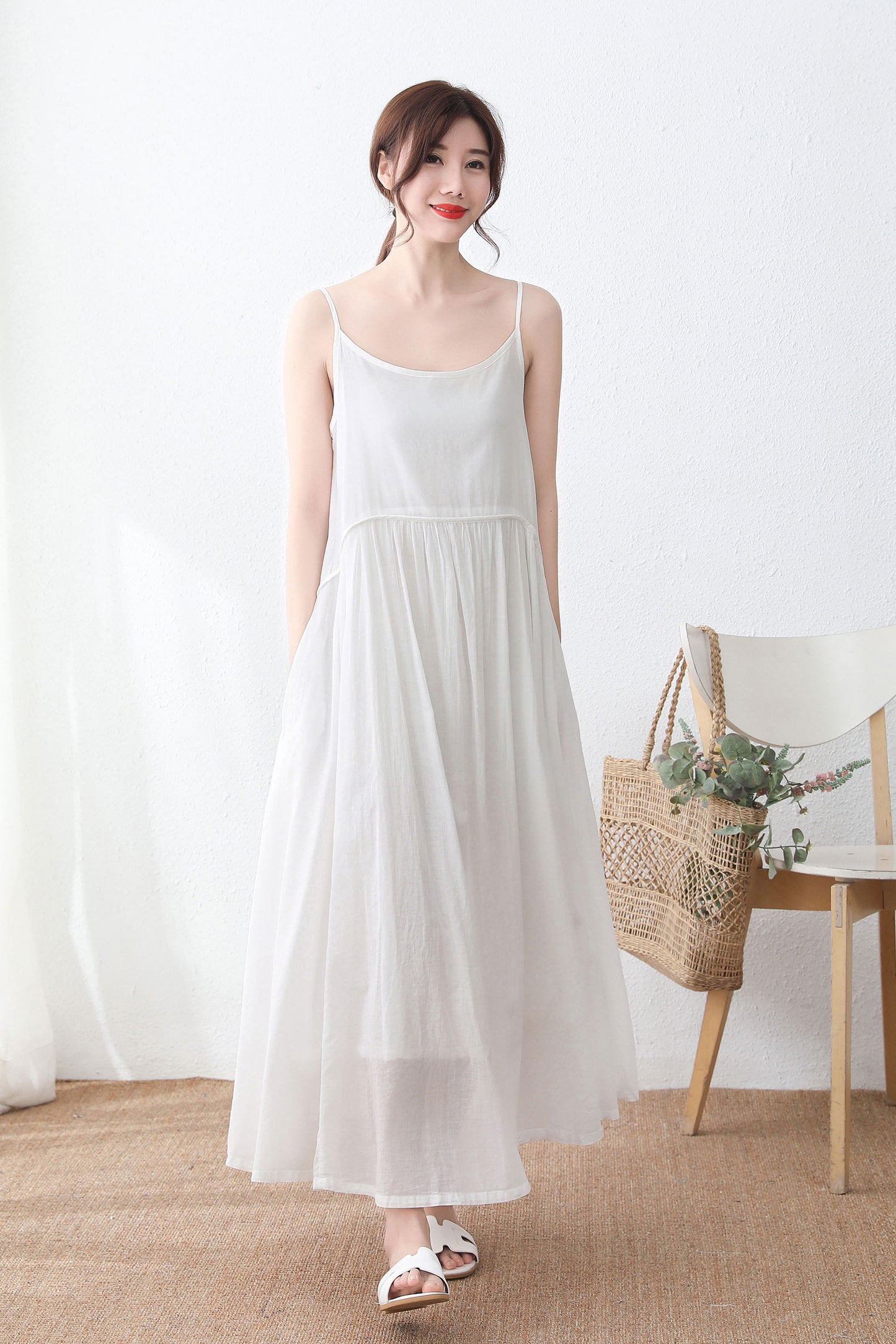 Sleeveless Long cotton linen Suspender Dress in white C233301