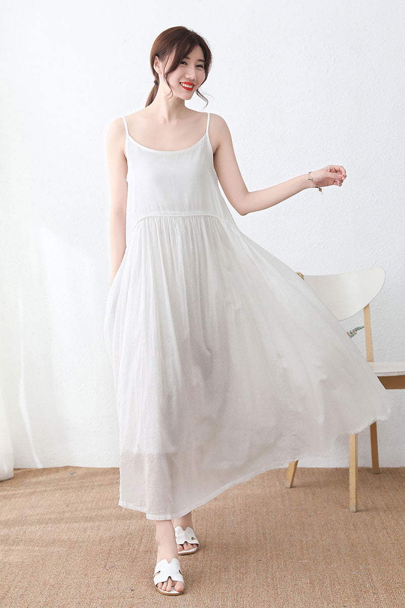 Sleeveless Long cotton linen Suspender Dress in white C233301