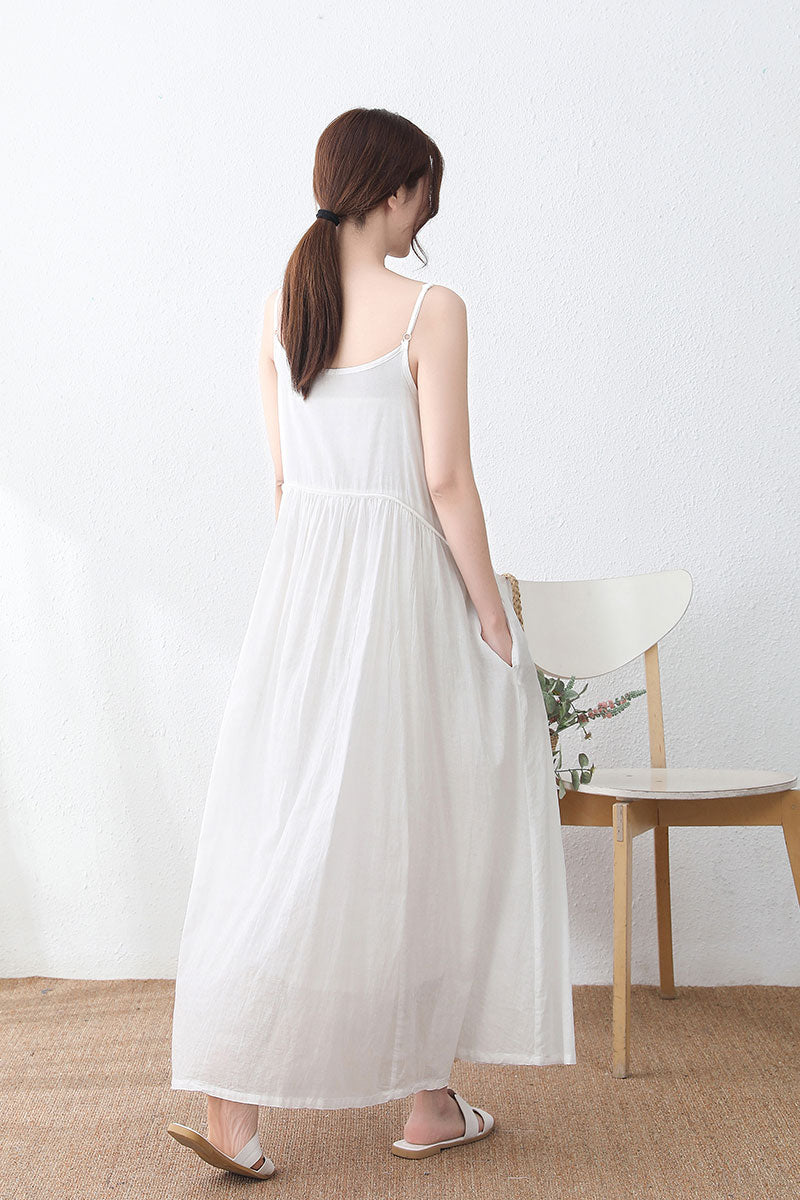 Sleeveless Long cotton linen Suspender Dress in white C233301