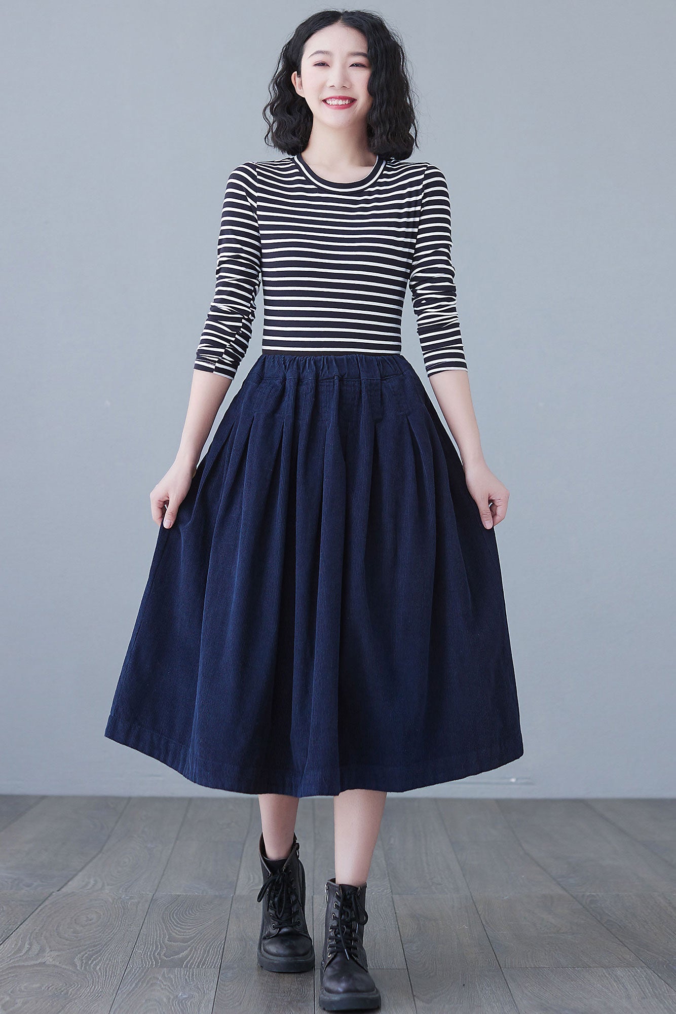 Blue High Elastic Waist Corduroy Skirt Midi C2617