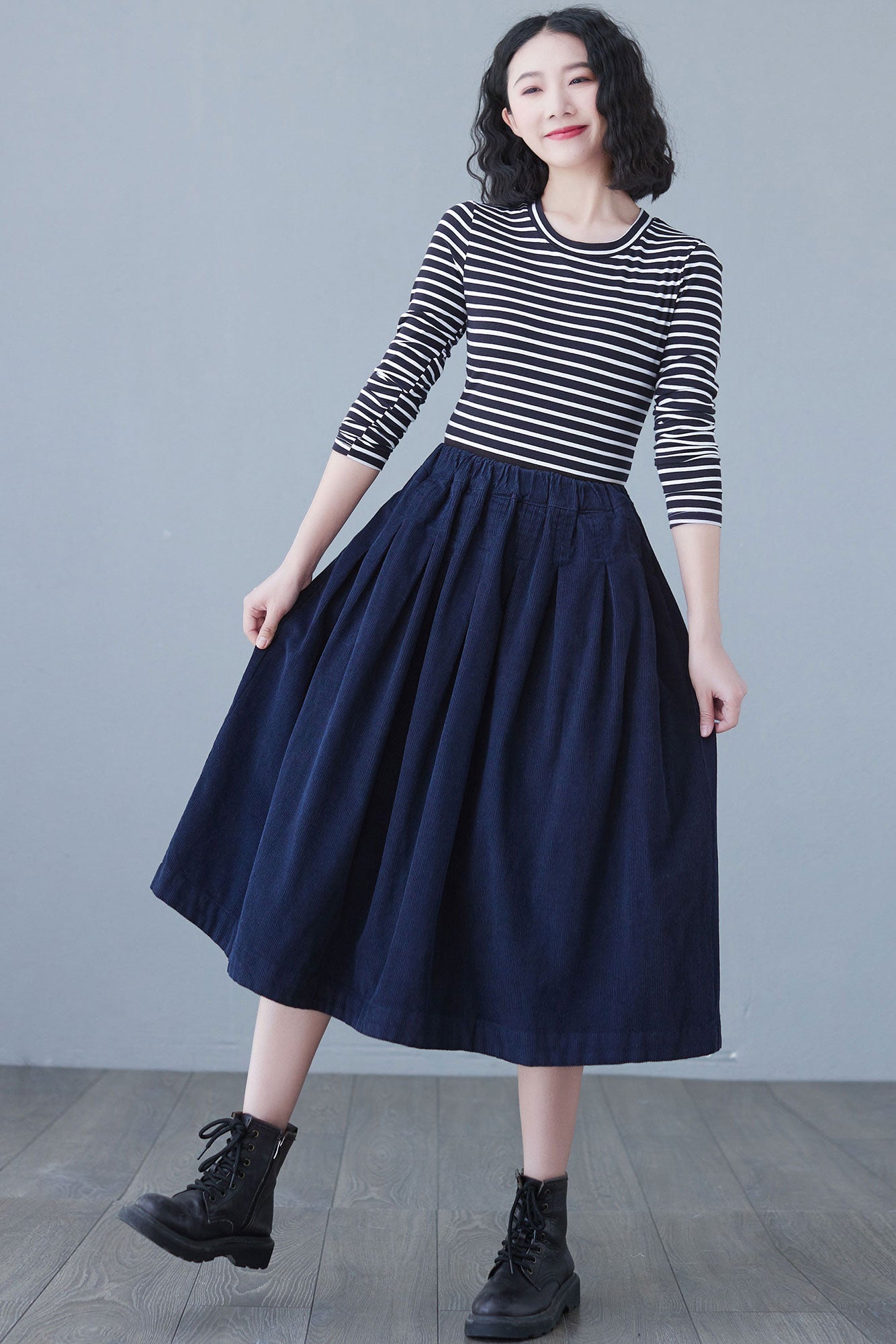Blue High Elastic Waist Corduroy Skirt Midi C2617