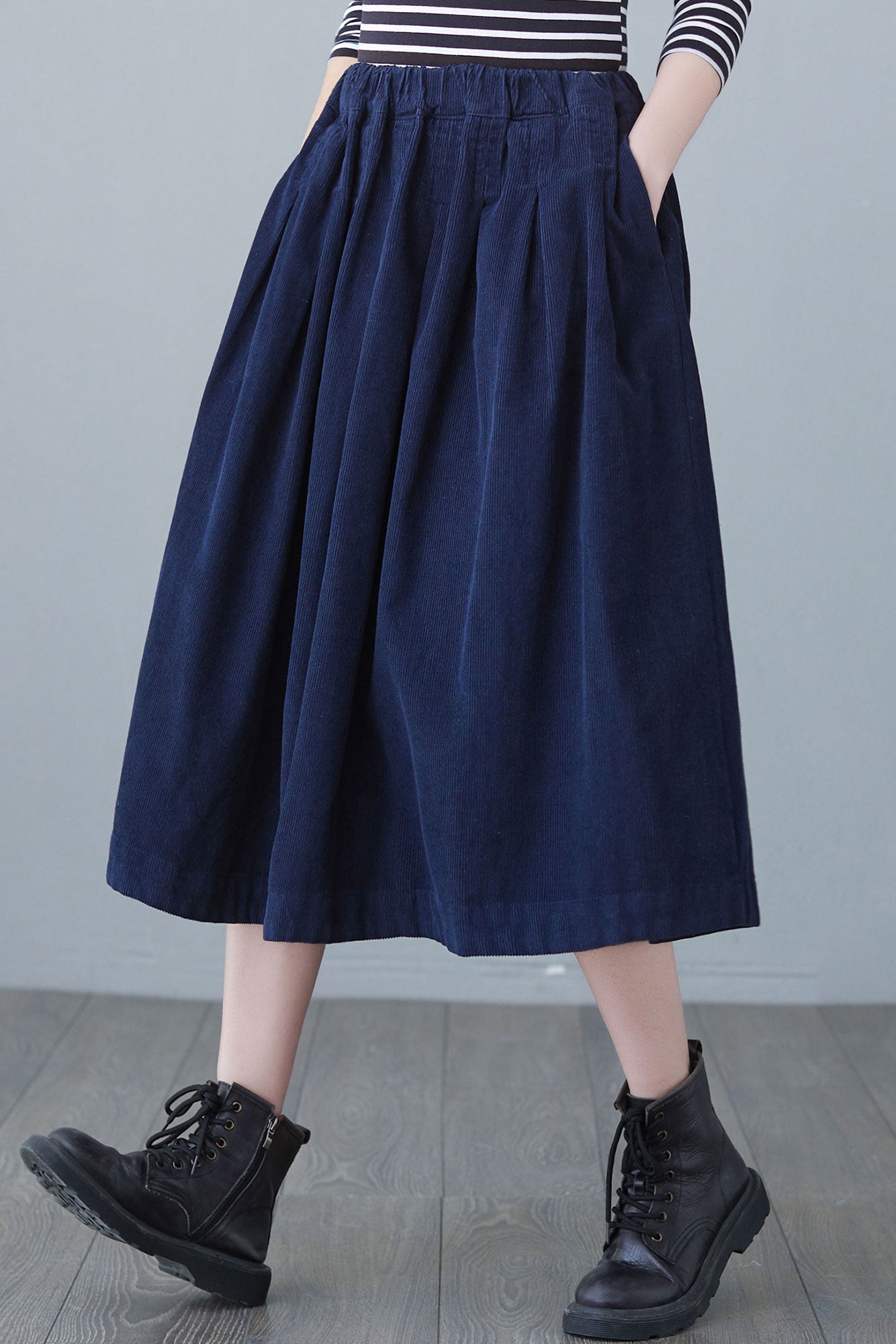 Blue High Elastic Waist Corduroy Skirt Midi C2617