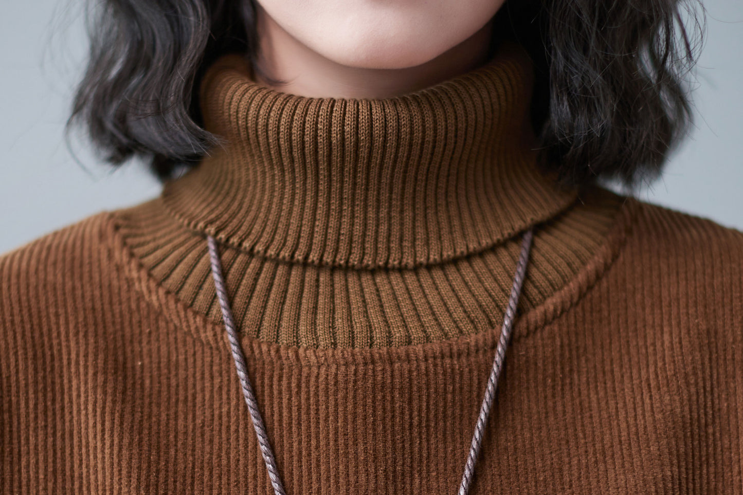 Brown Cotton Corduroy Midi Dress - Turtleneck & Loose Fit Waist C2507