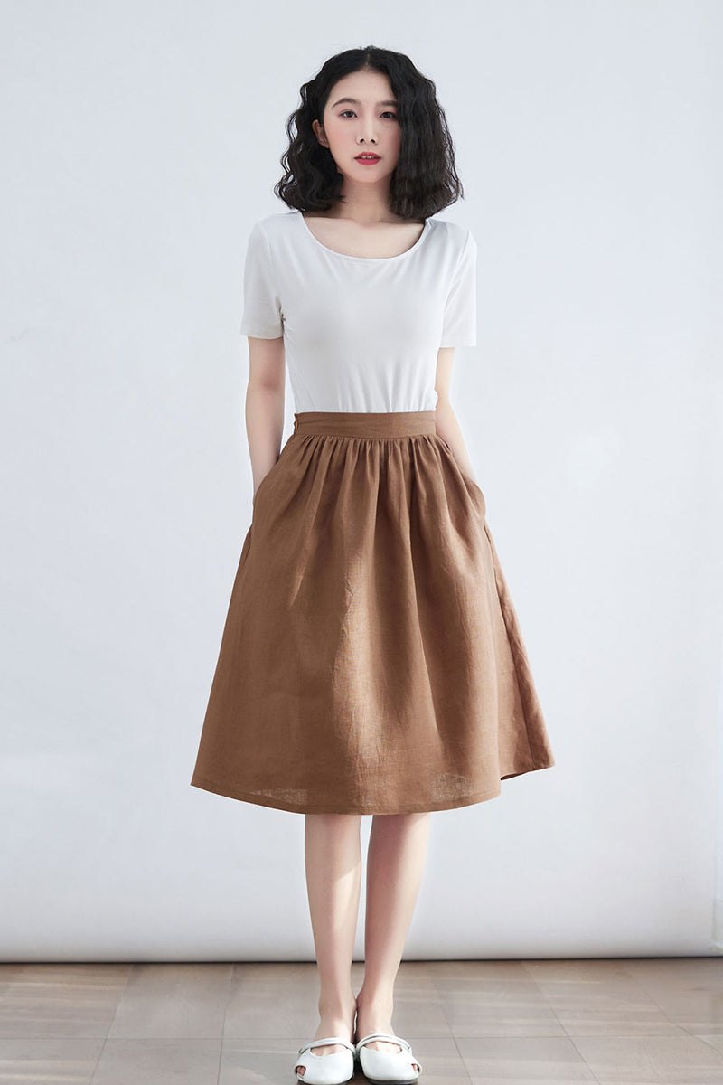 Brown Casual Women Linen Midi Skirt C2699 - Size XS #CK2200128