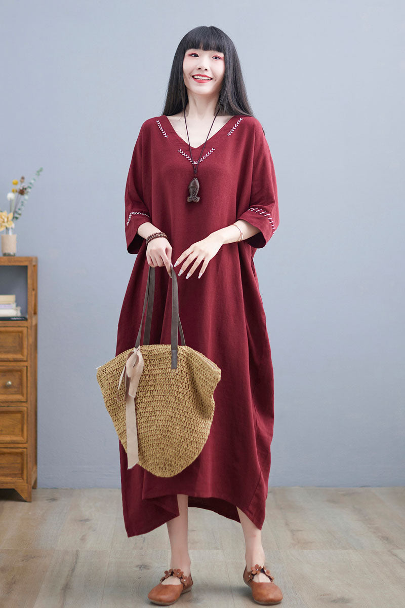 Loose Fit Wine Red Kaftan Dress Women C225001