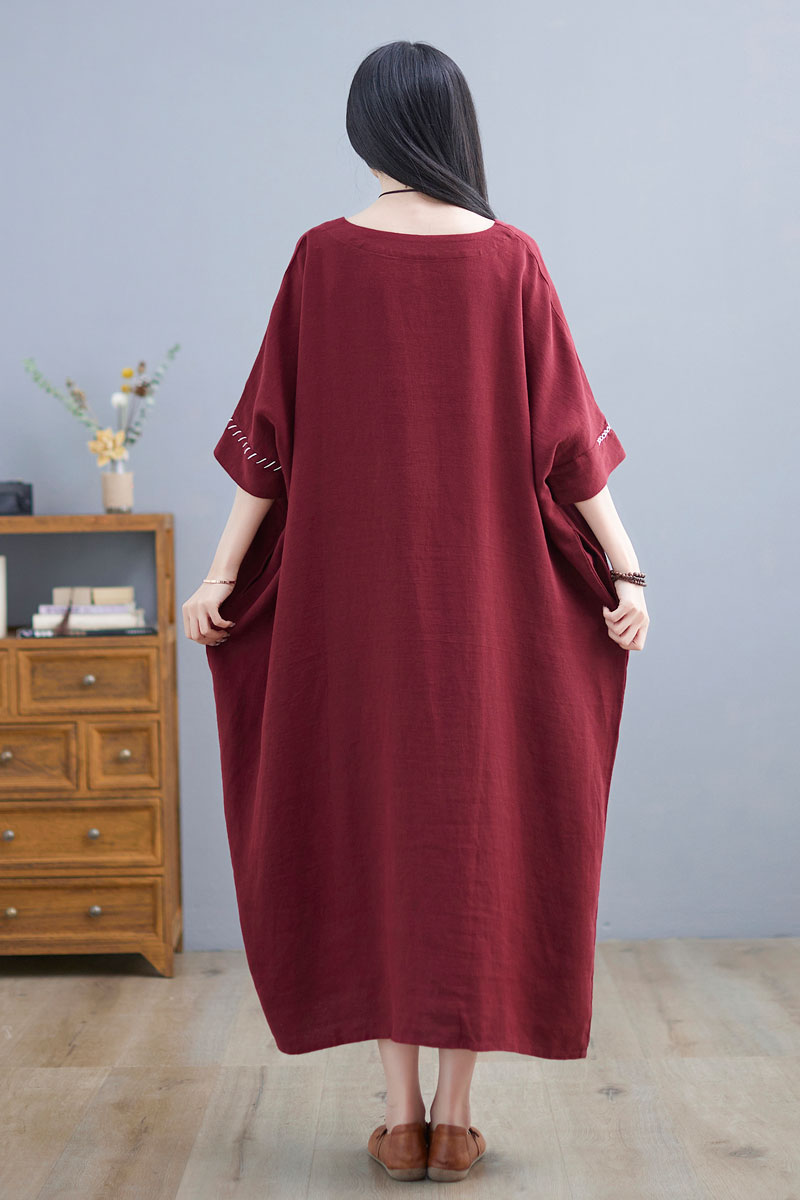 Loose Fit Wine Red Kaftan Dress Women C225001