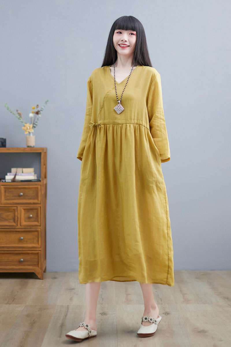 Yellow Midi Linen Wrap Dress For Women C225101 YLISTYLE Yellow Midi Linen Wrap Dress For Women C225101 YLISTYLE