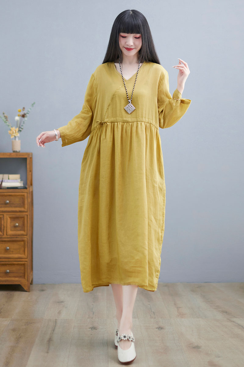Yellow Midi Linen Wrap Dress For Women C225101