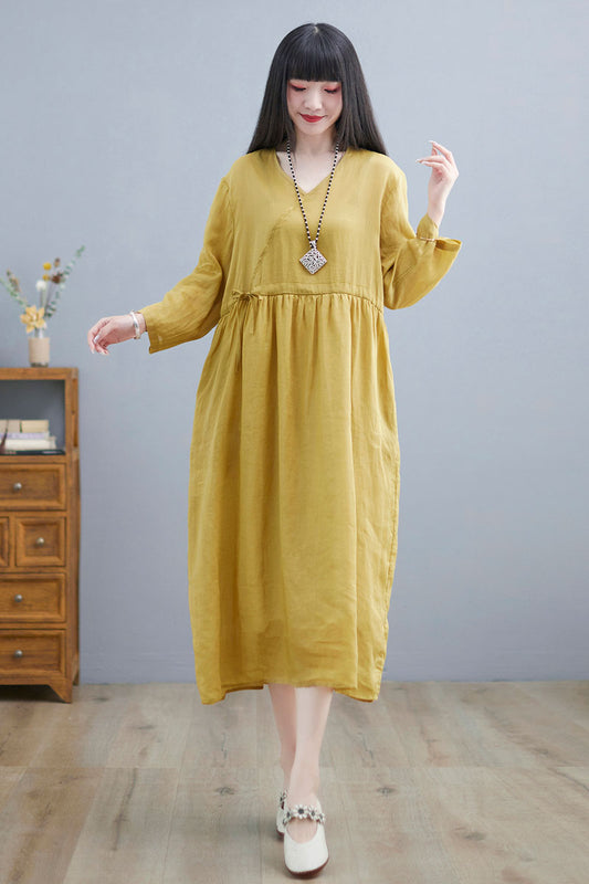 Yellow Linen Midi Dress - Wrap Style with Side Pockets C2251