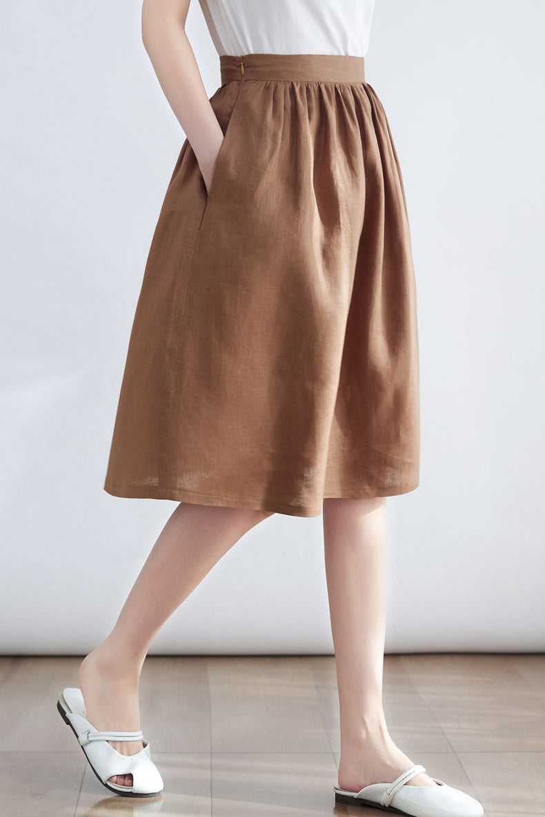 Brown Casual Women Linen Midi Skirt C2699 - Size XS #CK2200128