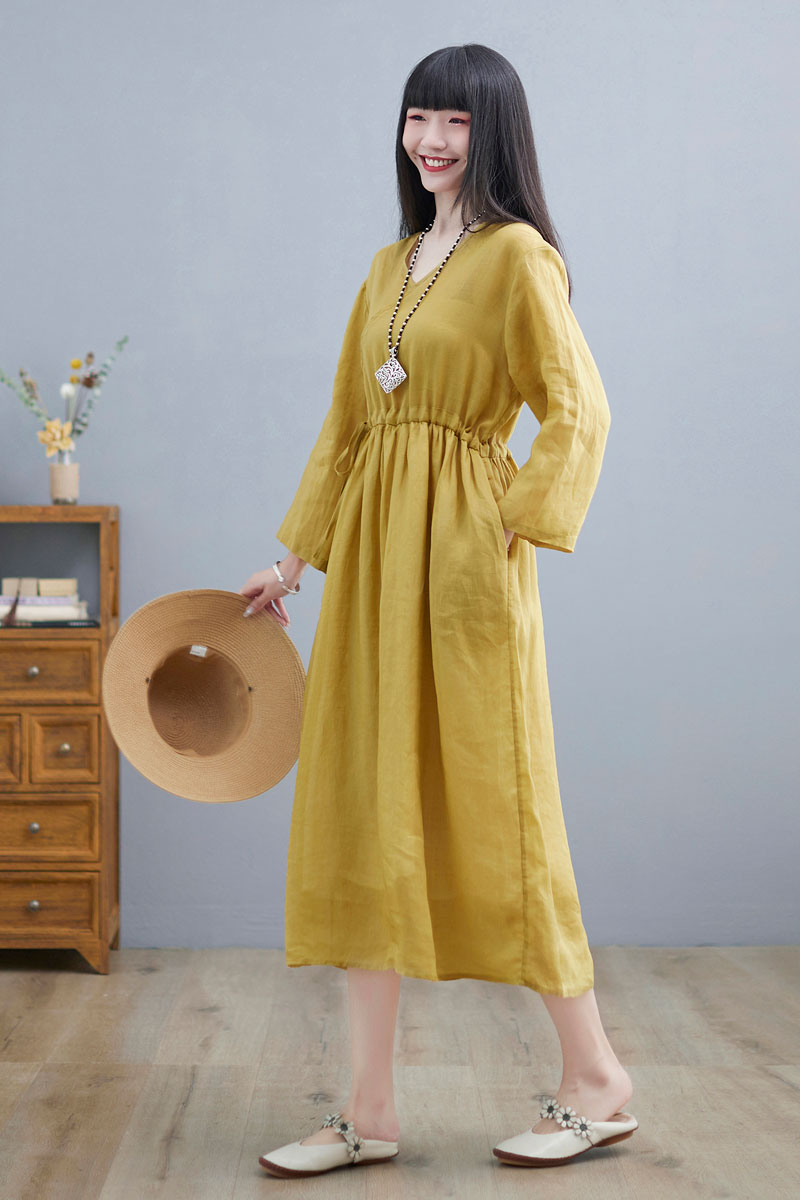 Yellow Midi Linen Wrap Dress For Women C225101