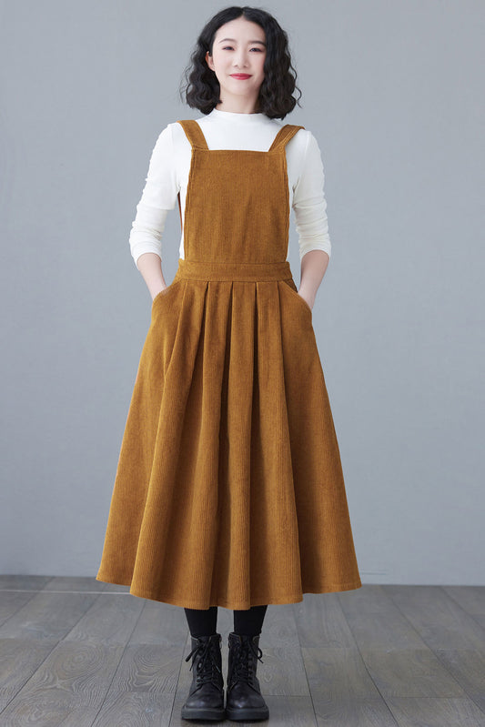 Brown Corduroy Apron Dress - Pleated, Adjustable Straps C2622