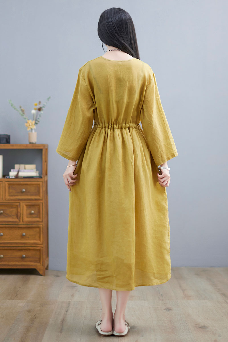 Yellow Linen Midi Dress - Wrap Style with Side Pockets C2251