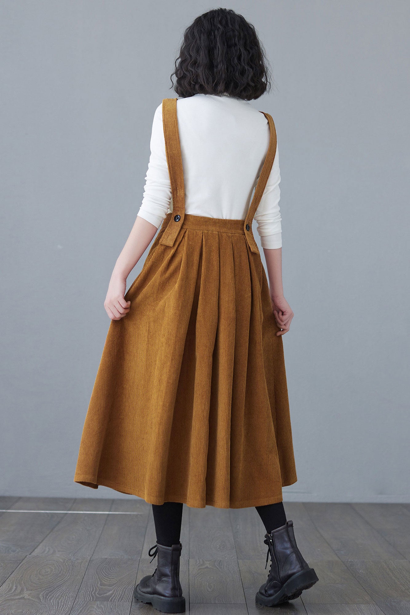 Brown Corduroy Apron Dress - Pleated, Adjustable Straps C2622
