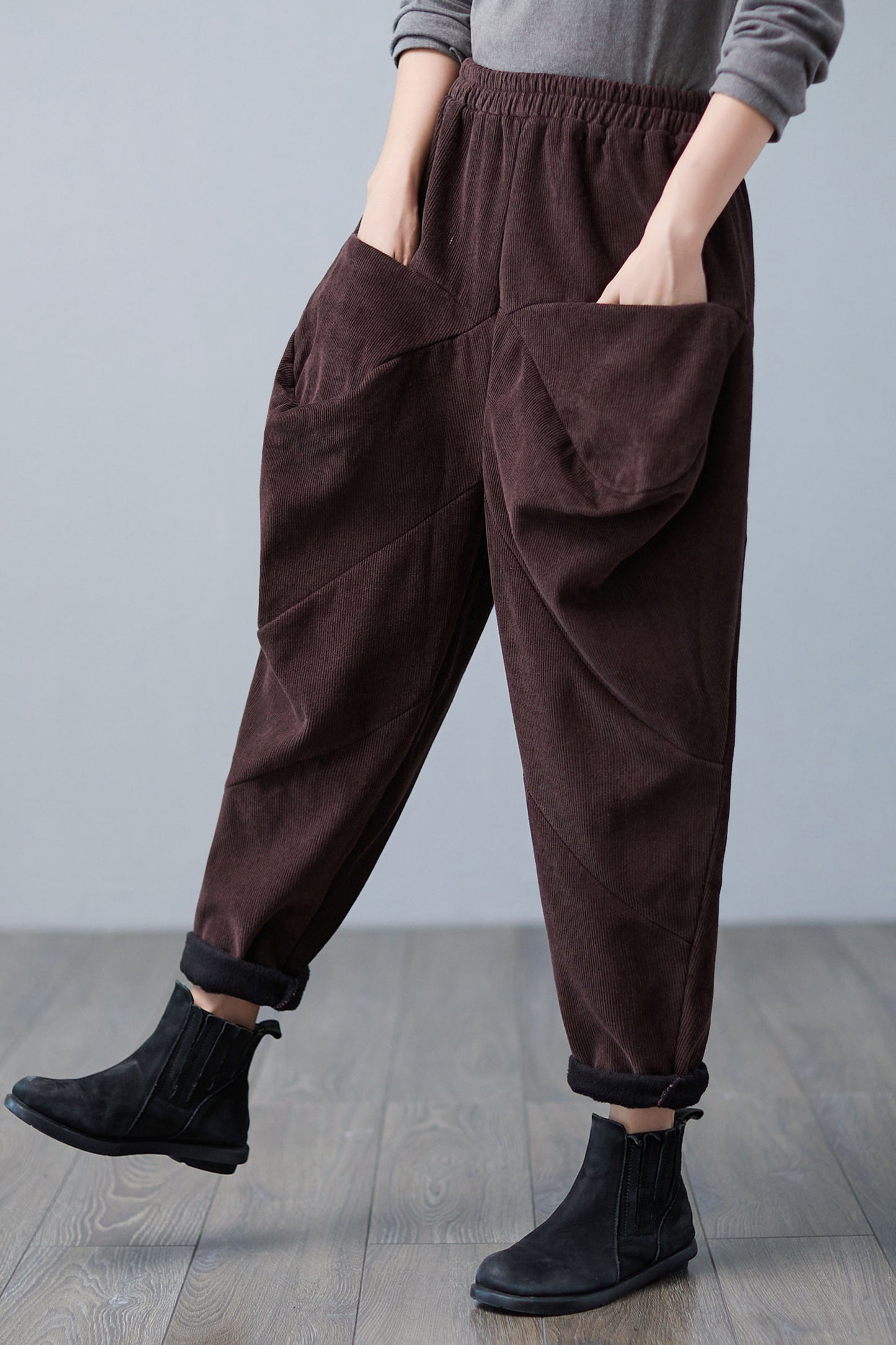 Retro Winter Thicken Corduroy Pants Women, Elastic Waist Harem Pants C251001
