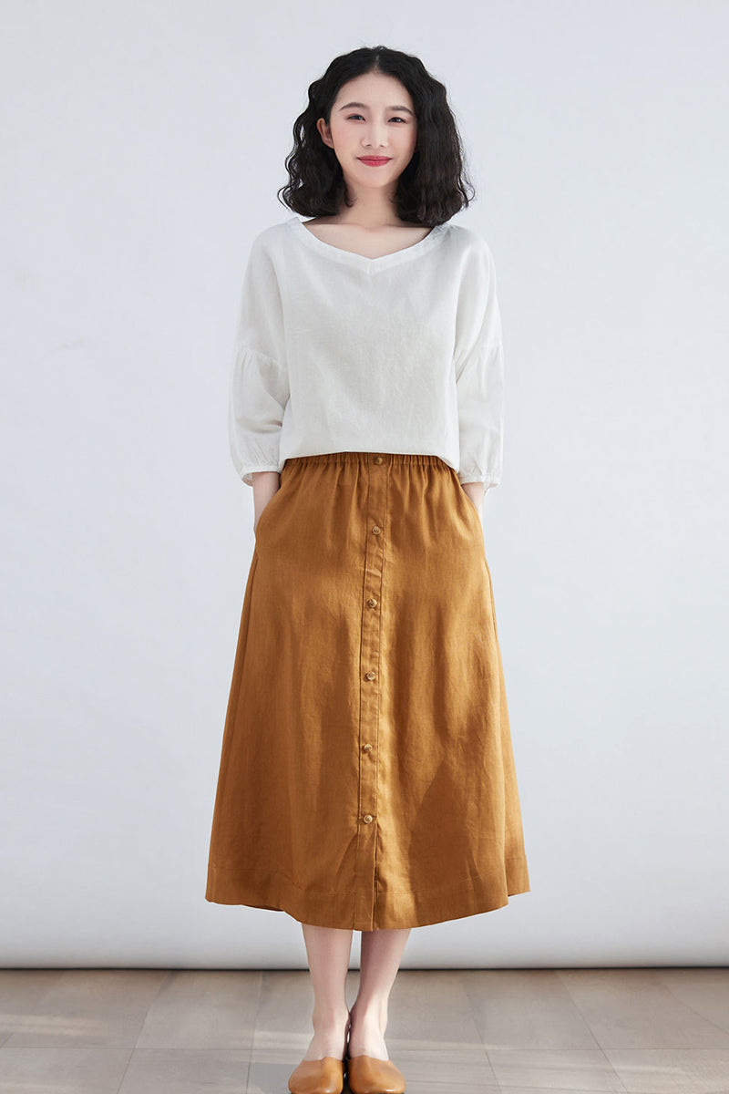 Summer Women Brown Casual Linen Midi Skirt C2701 - SIZE XS #CK2200130