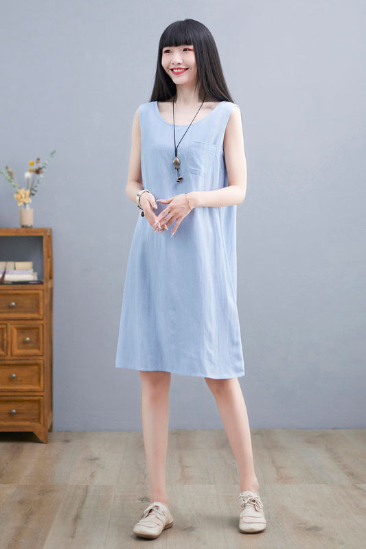 Light Blue Linen Cotton Tank Dress - Loose Fit, Above Knee c2253