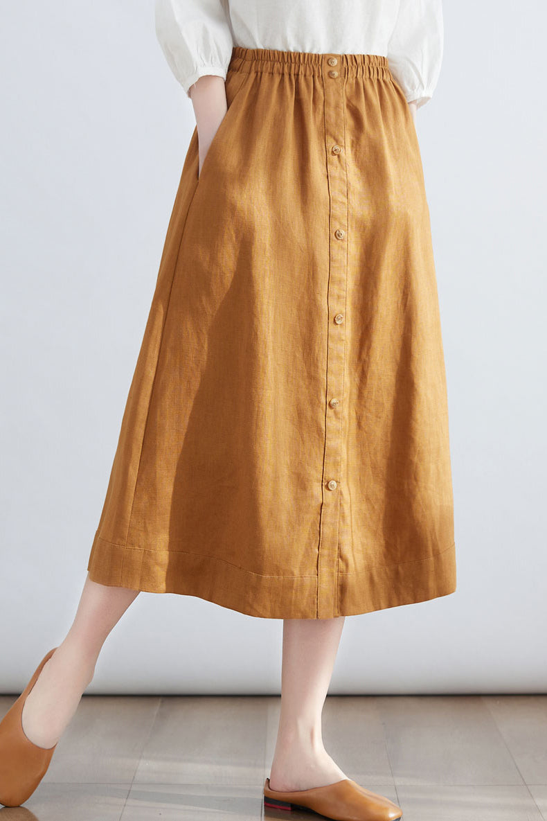 Summer Women Brown Casual Linen Midi Skirt C2701 - SIZE XS #CK2200130