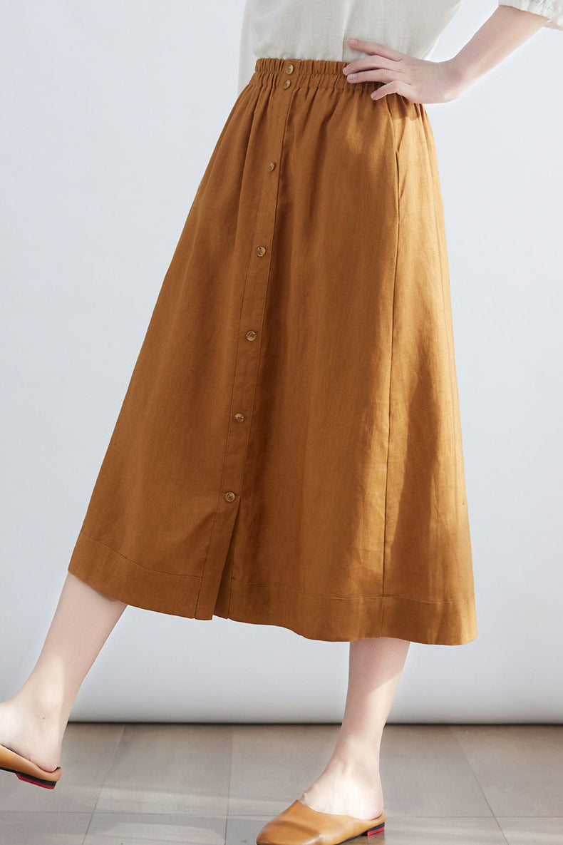 Summer Women Brown Casual Linen Midi Skirt C2701 - SIZE XS #CK2200130