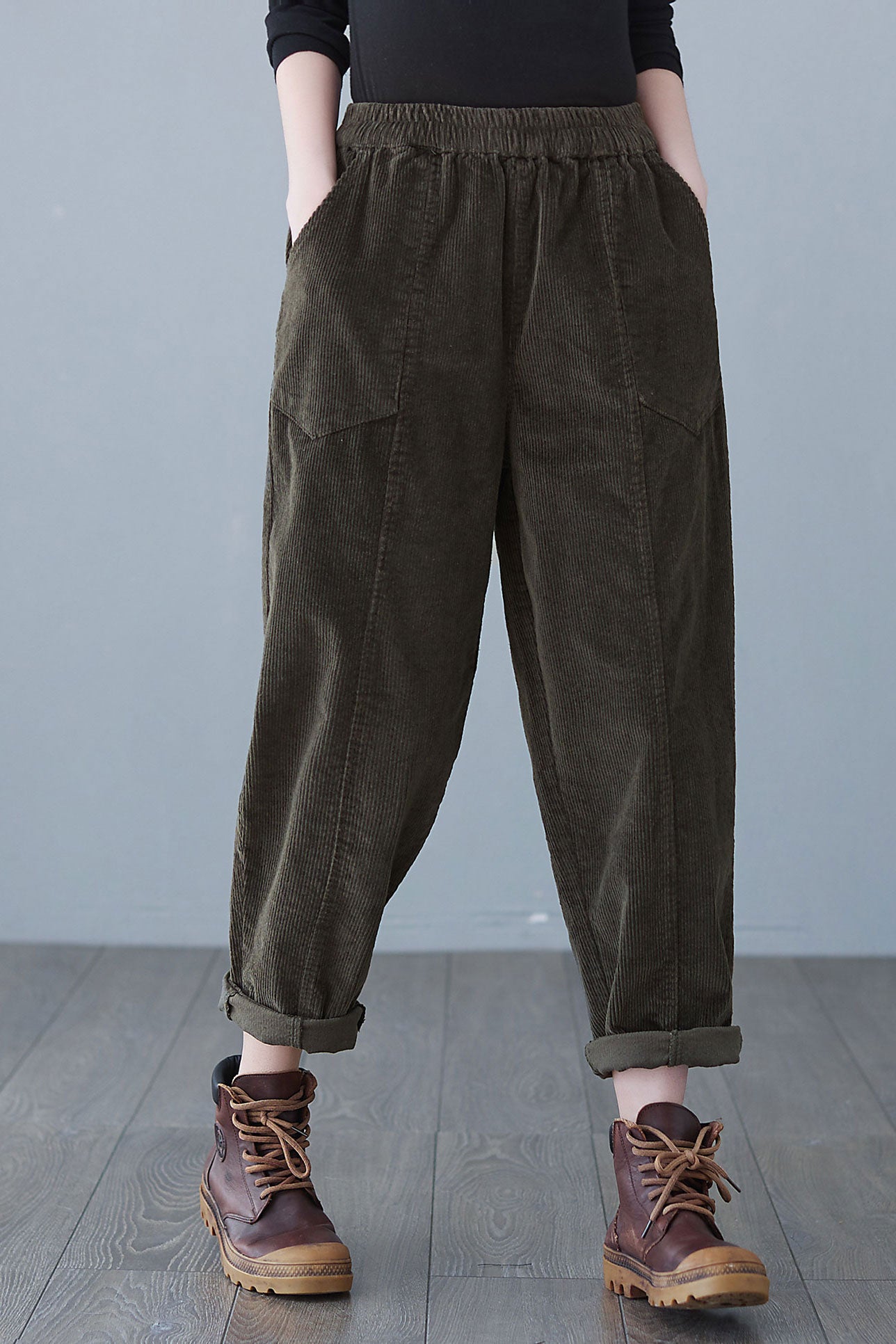 Retro High Elastic Waist Corduroy Harem Pants C2624