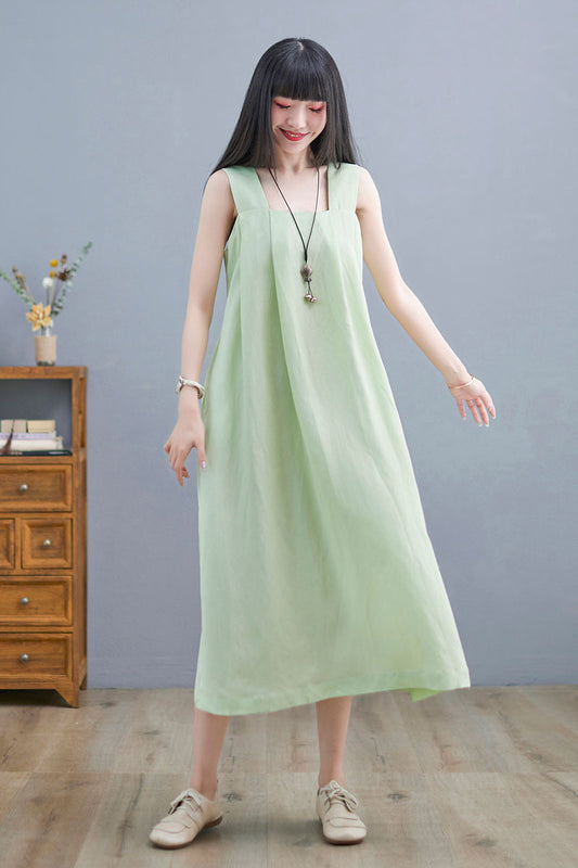 Light Green Linen Midi Dress - Sleeveless Loose Fit with Side Pockets C2254