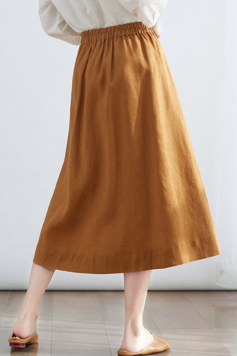 Summer Women Brown Casual Linen Midi Skirt C2701 - SIZE XS #CK2200130
