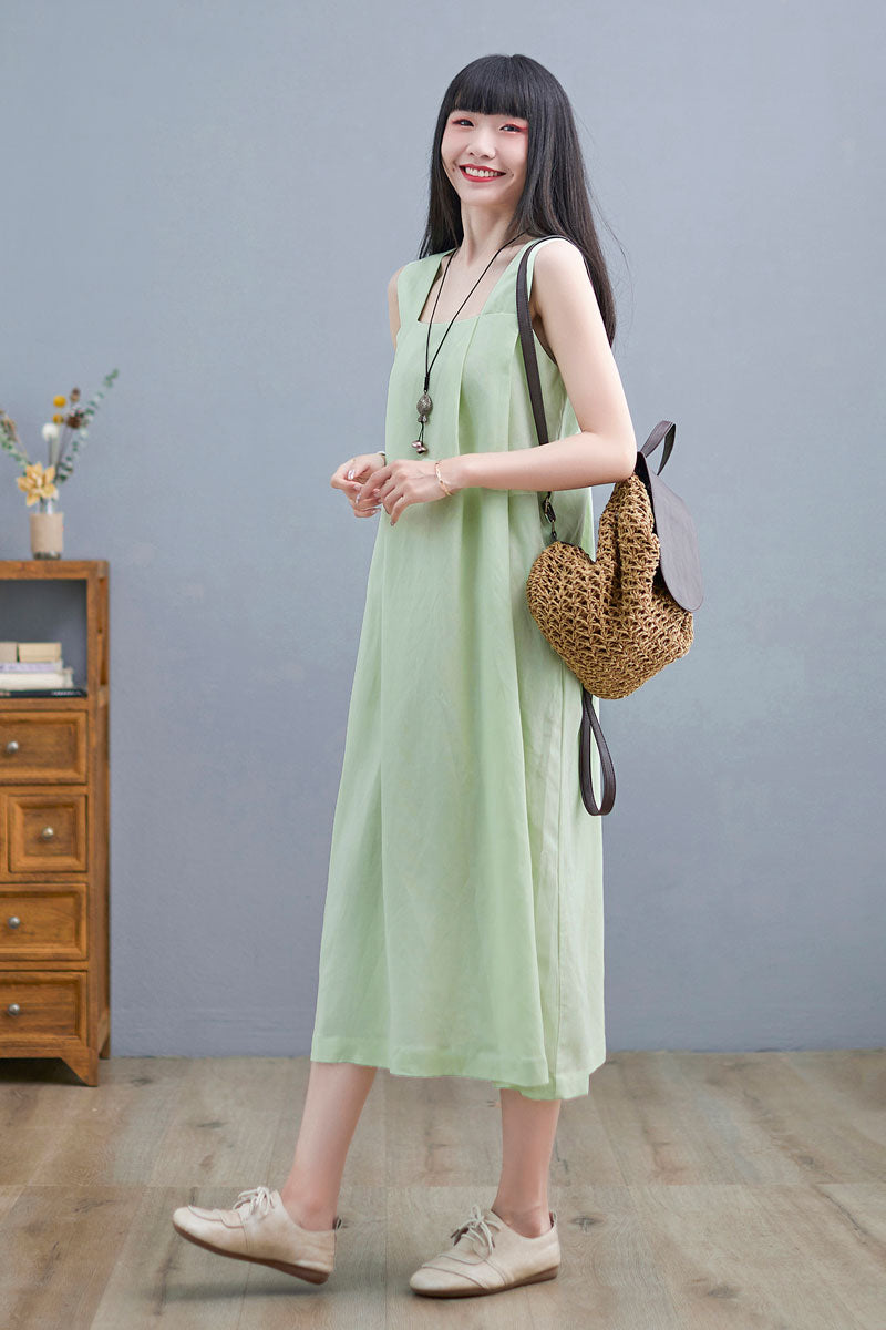 Summer Green Sleeveless Midi Linen Dress For Women C2254