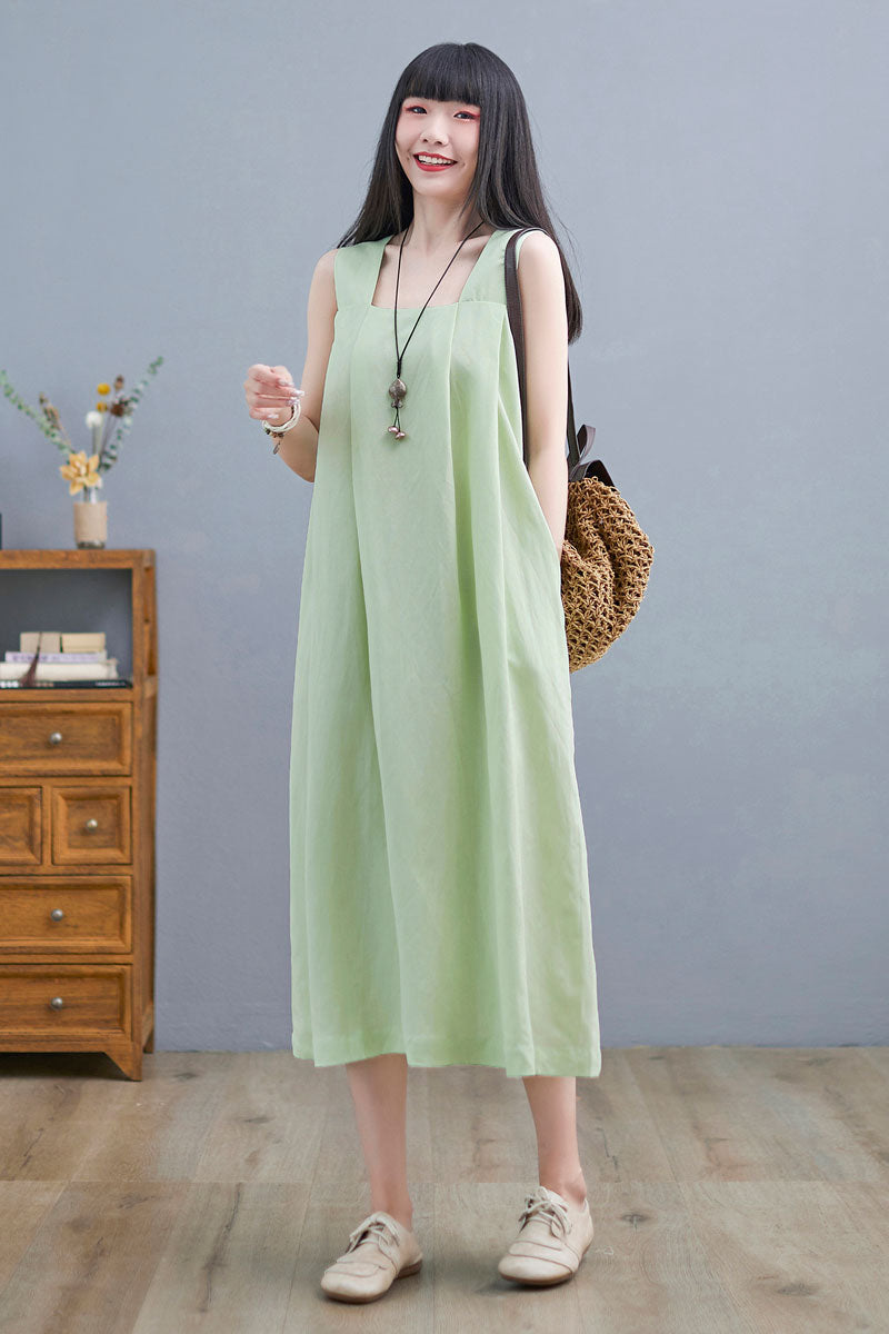 Summer Green Sleeveless Midi Linen Dress For Women C2254