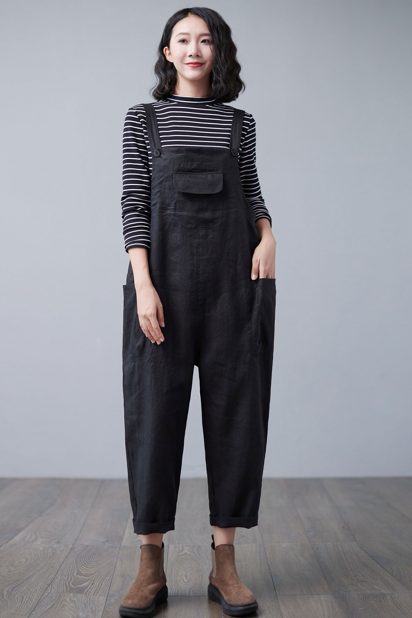 Black Linen Overalls Women C2503