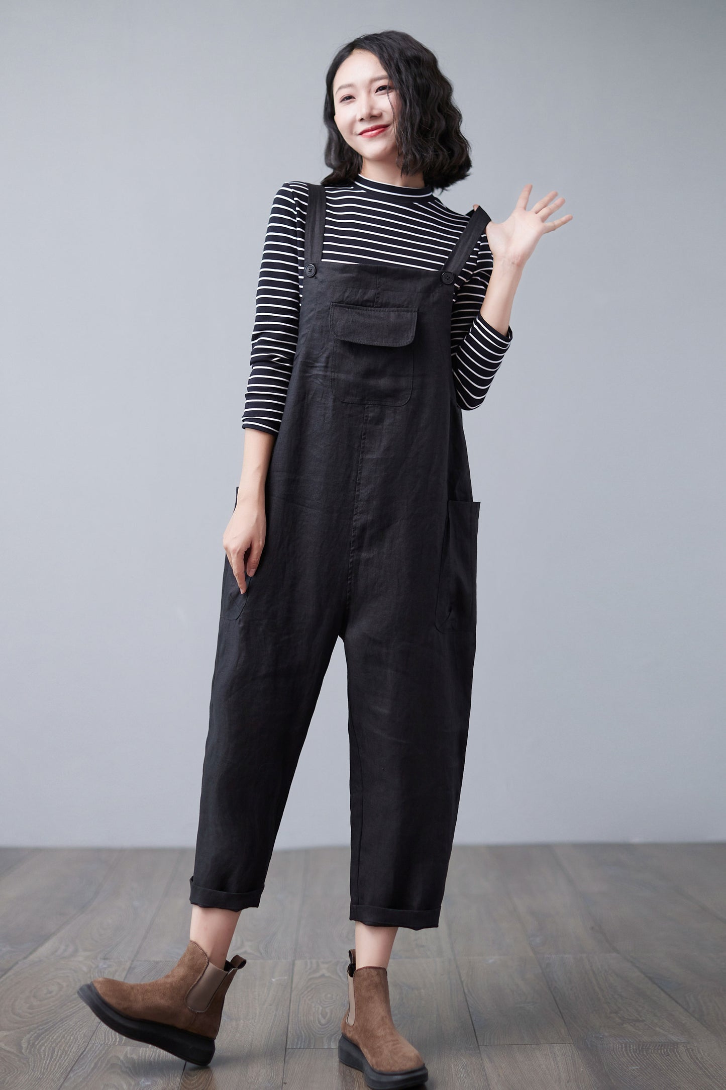 Black Linen Overalls Women C2503