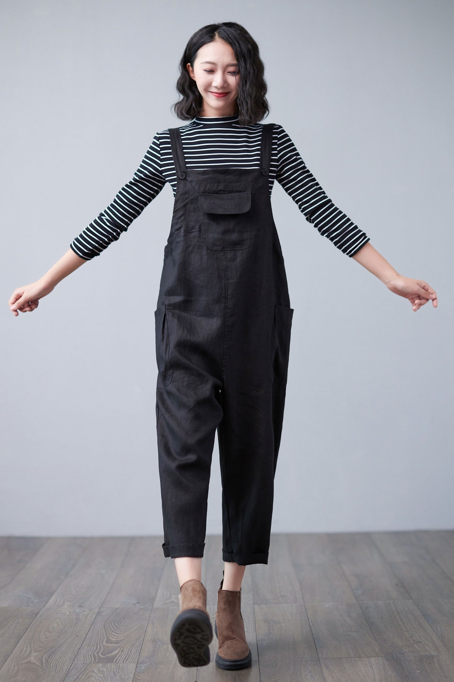 Black Linen Overalls Women C2503