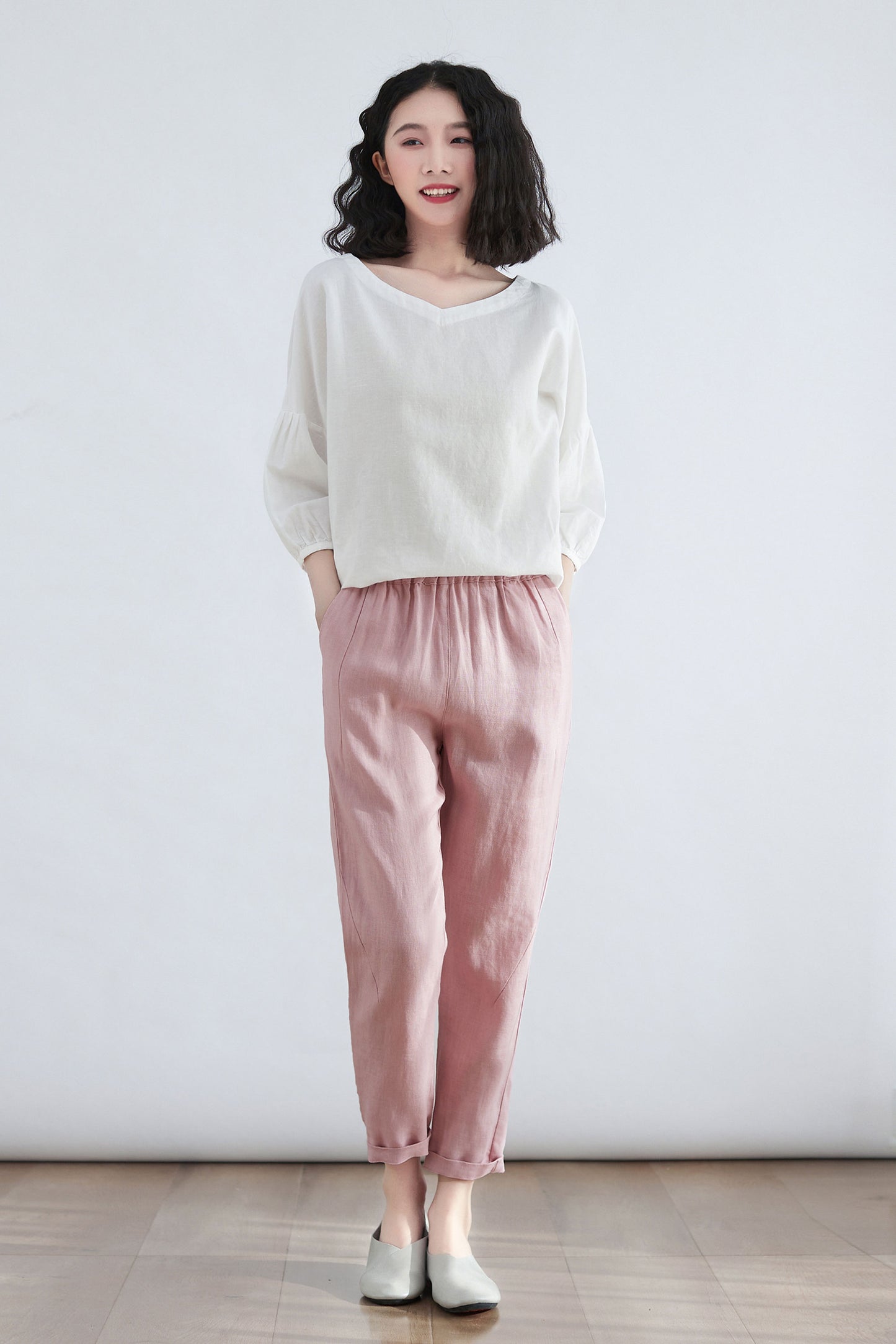High Waist Womens Causal Linen Pants in Pink C2702