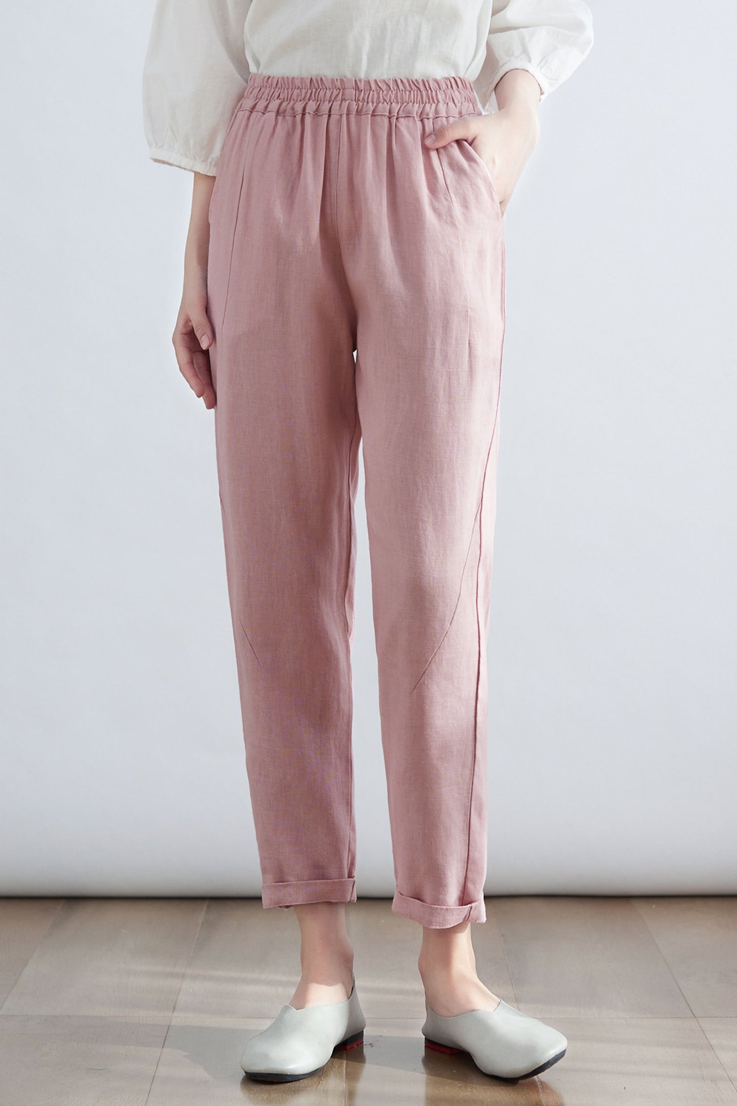 High Waist Womens Causal Linen Pants in Pink C2702