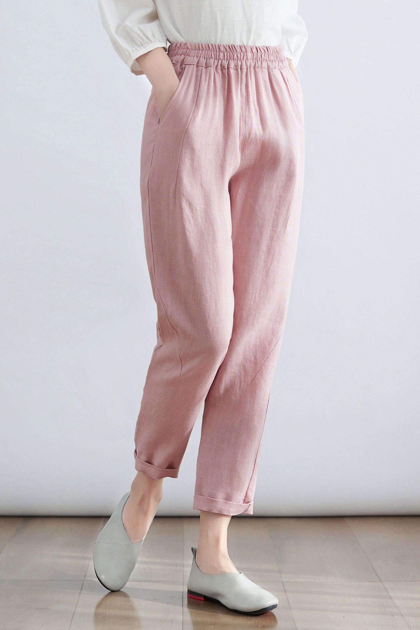 High Waist Womens Causal Linen Pants in Pink C2702