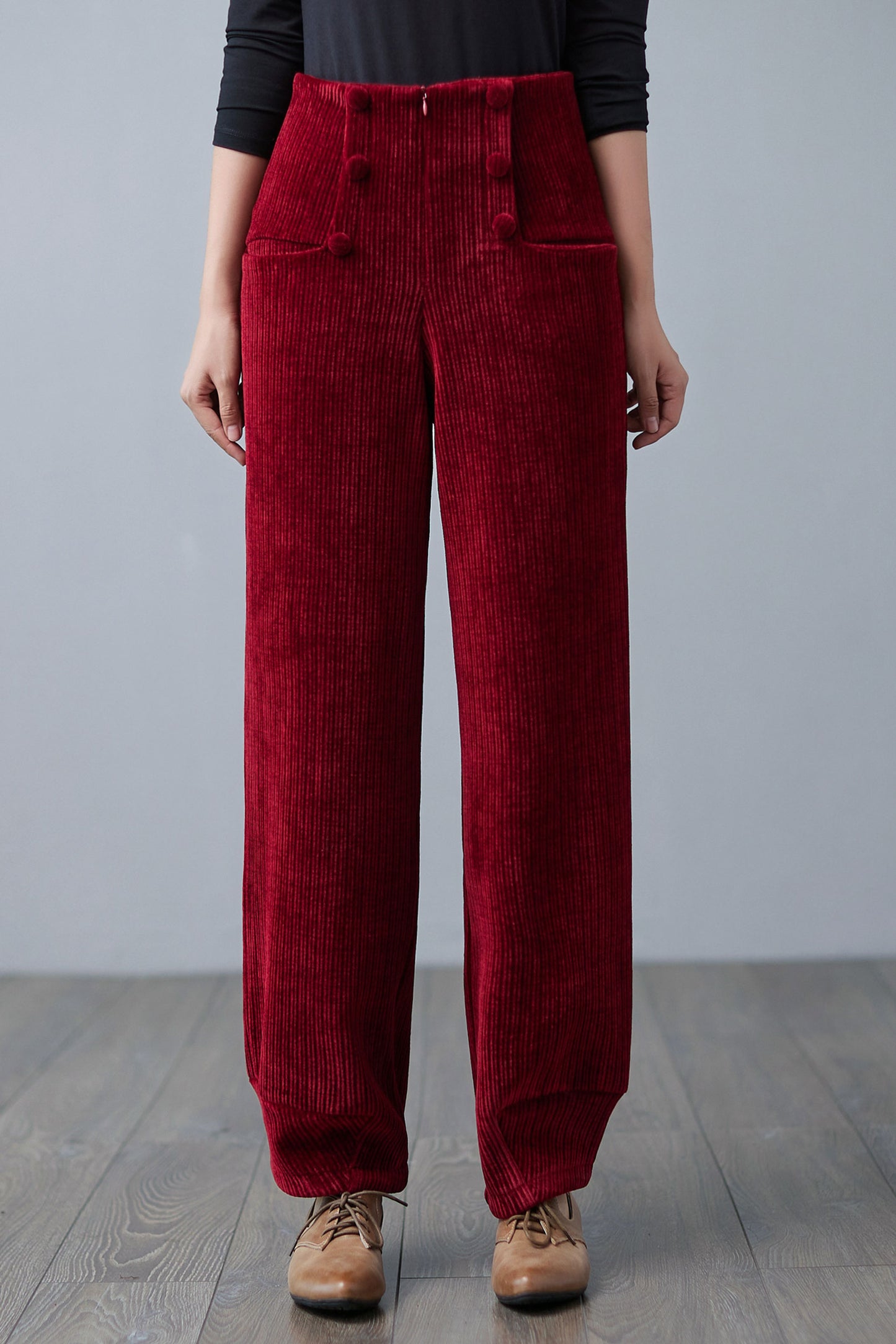 Red High Waisted Corduroy Pants, Wide Leg Pants C250101