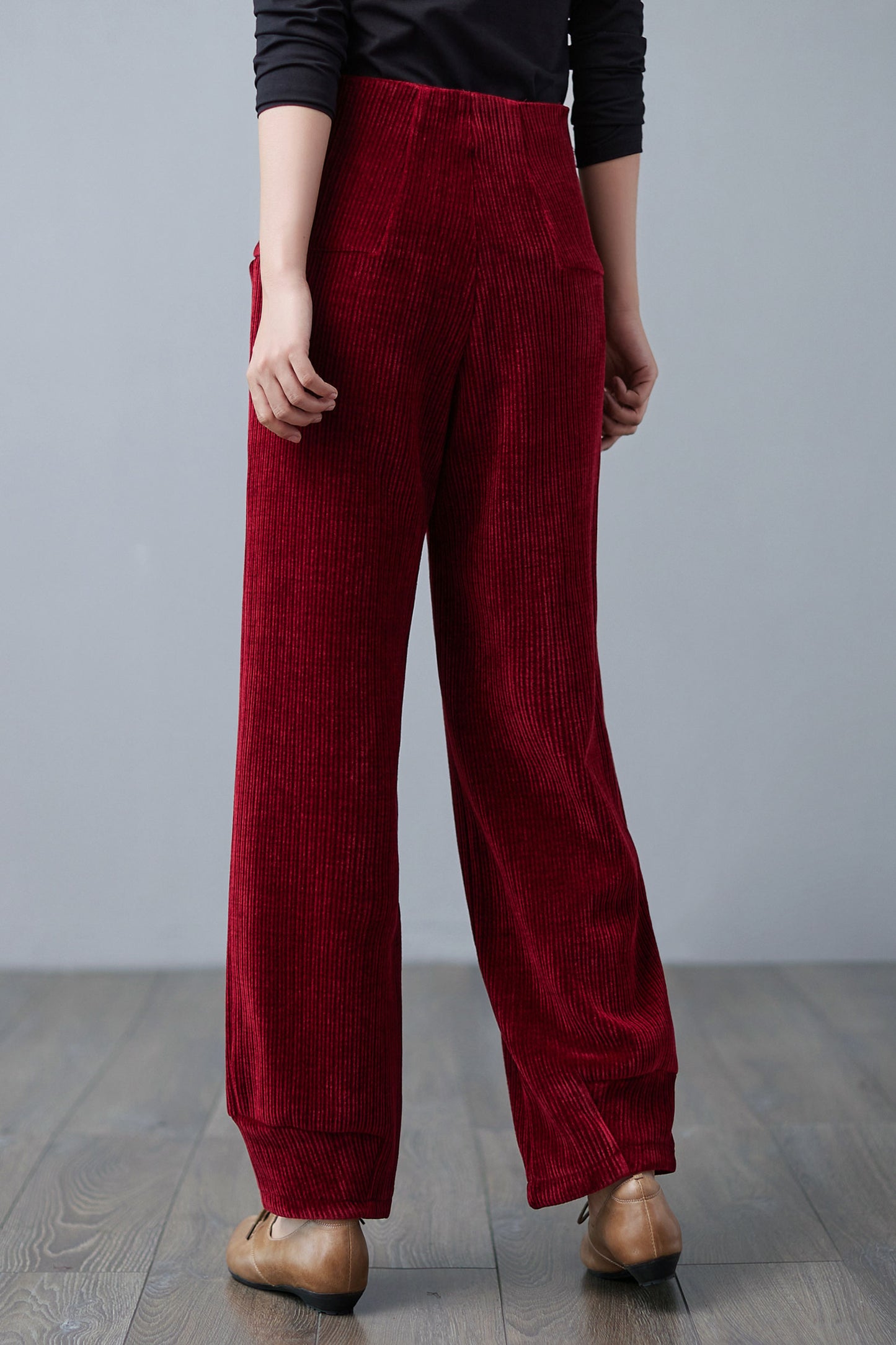 Red High Waisted Corduroy Pants, Wide Leg Pants C250101