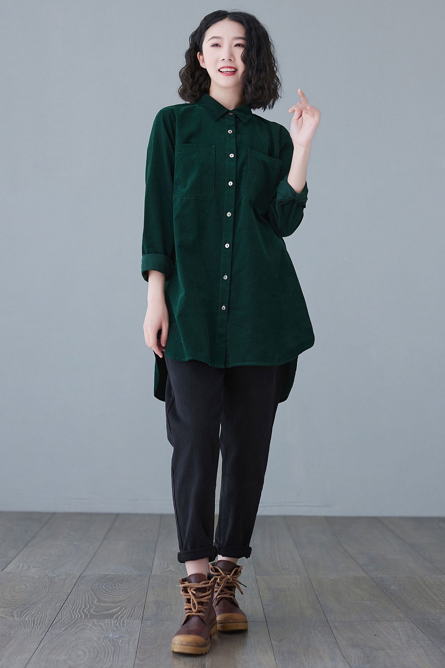 Dark Green Long Sleeve Corduroy Shirt Women C2627