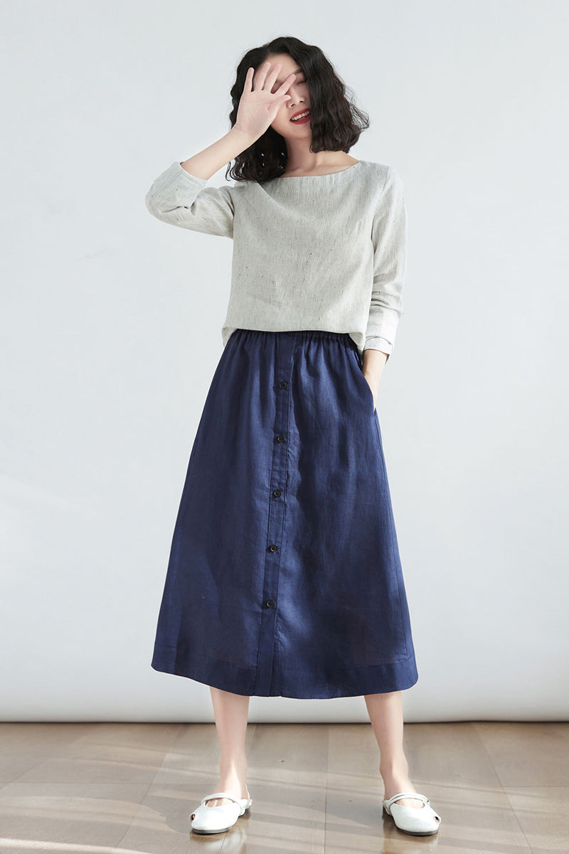 Casual Linen Midi Women Blue Plus Size Custom Skirt C2707 - Size XS #CK2200136