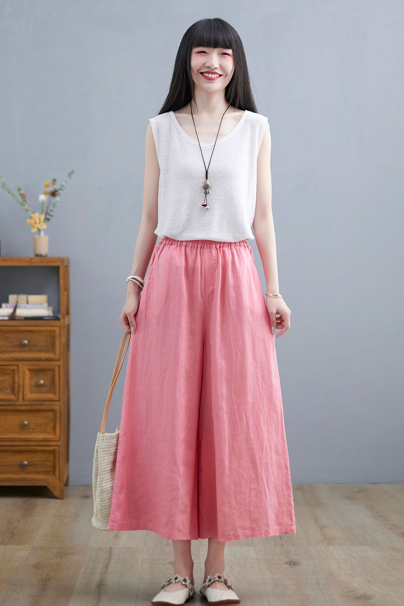 White Wide Leg Linen Pants For Women C2264#CK2100673