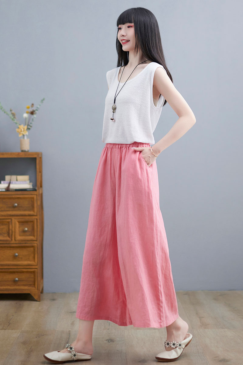 White Wide Leg Linen Pants For Women C2264#CK2100673