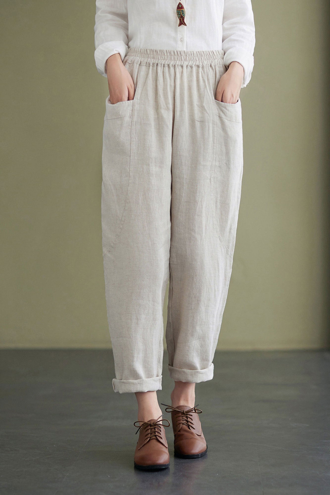 Elastic Waist Long Linen Pants C2435 #CK2100983