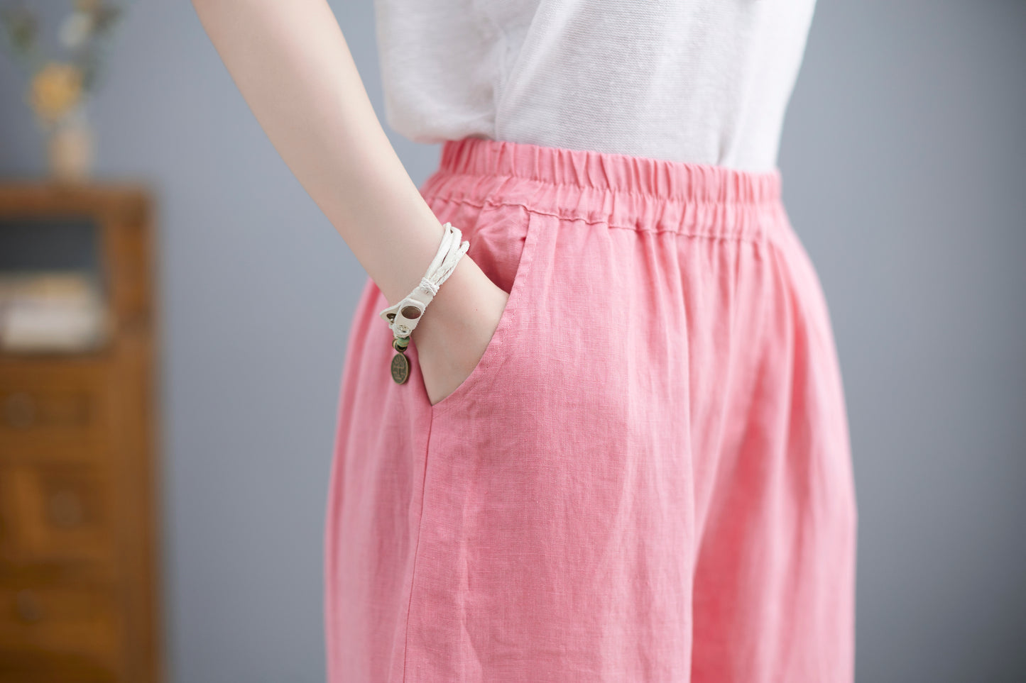 White Wide Leg Linen Pants For Women C2264#CK2100673